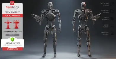 Two T-800 endoskeleton models are displayed, one facing forward and the other backward.