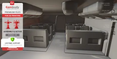 Interior of a 3D model spaceship cabin with rows of seats and overhead compartments.