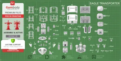 Blueprint of Eagle Transporter 3D model with labeled parts for assembly, shown on a green grid background.