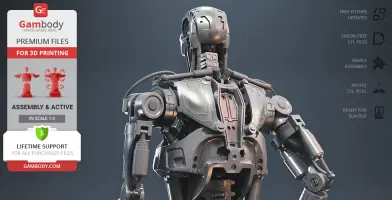 A detailed 3D model of a robotic endoskeleton, highlighting precision and assembly instructions from Gambody.