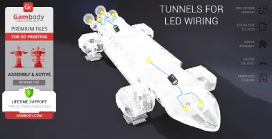 A detailed 3D model of a transporter, showing LED wiring tunnels, for 3D printing via Anycubic Kobra 2.