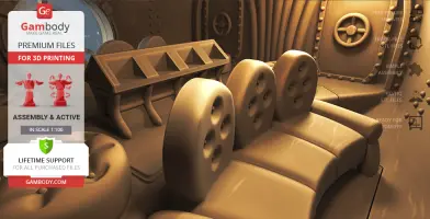Interior of a submarine with rounded seats and controls, promotional banner for 3D printing files.