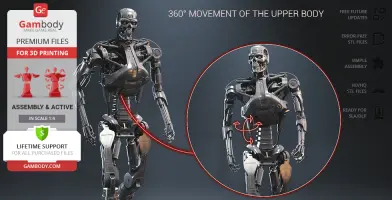3D model of a robotic endoskeleton with 360° upper body rotation, advertised for 3D printing.