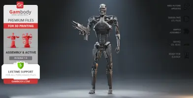 A robotic humanoid model with a gun, featured for 3D printing from Gambody.