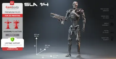 A detailed 3D model of a humanoid robot holding a gun, designed for 3D printing on Gambody.