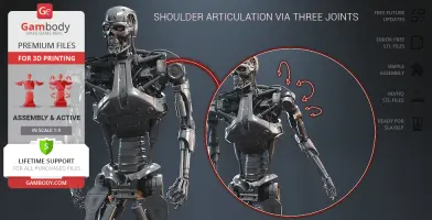 A 3D model of a robotic endoskeleton with detailed shoulder articulation for 3D printing, shown on Gambody.