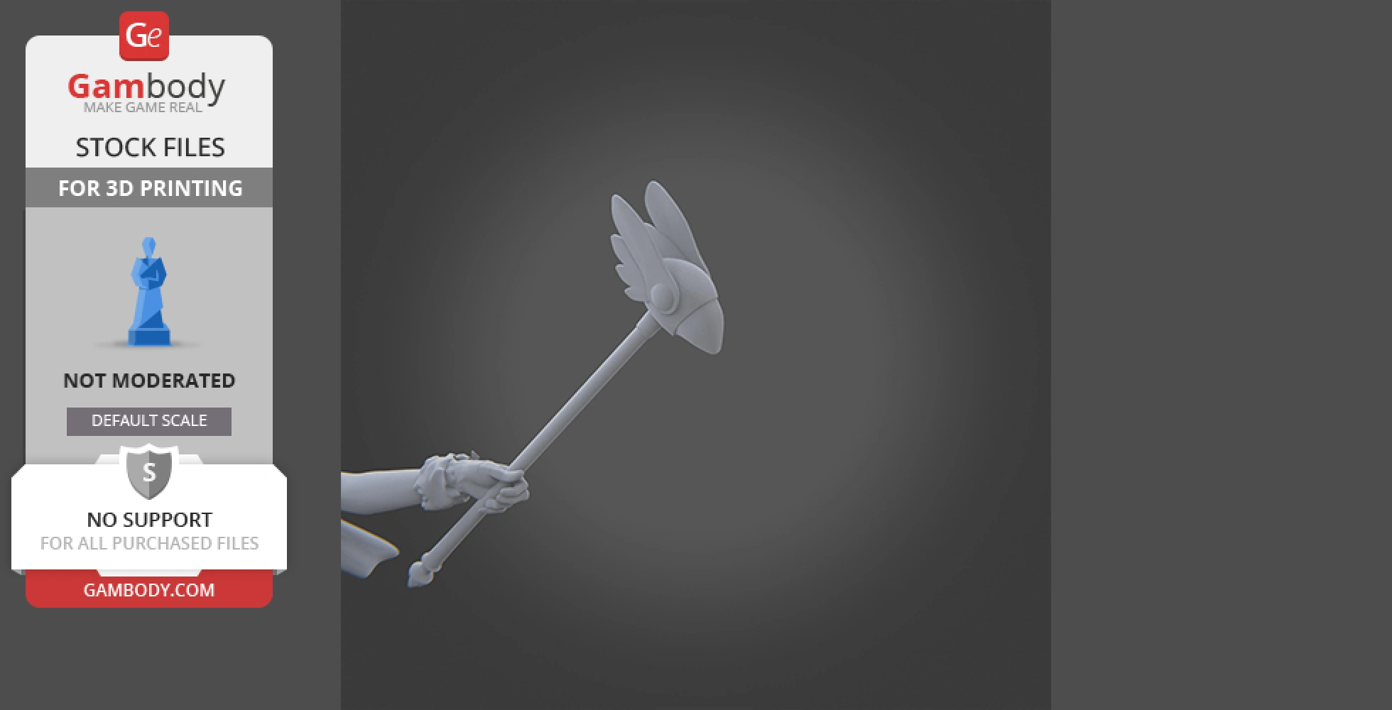 A 3D model of a hand holding a staff with a winged design at the top.