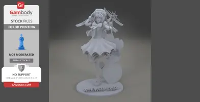 A 3D model of a magical girl holding a staff, styled with flowing ribbons and detailed costume on a base.