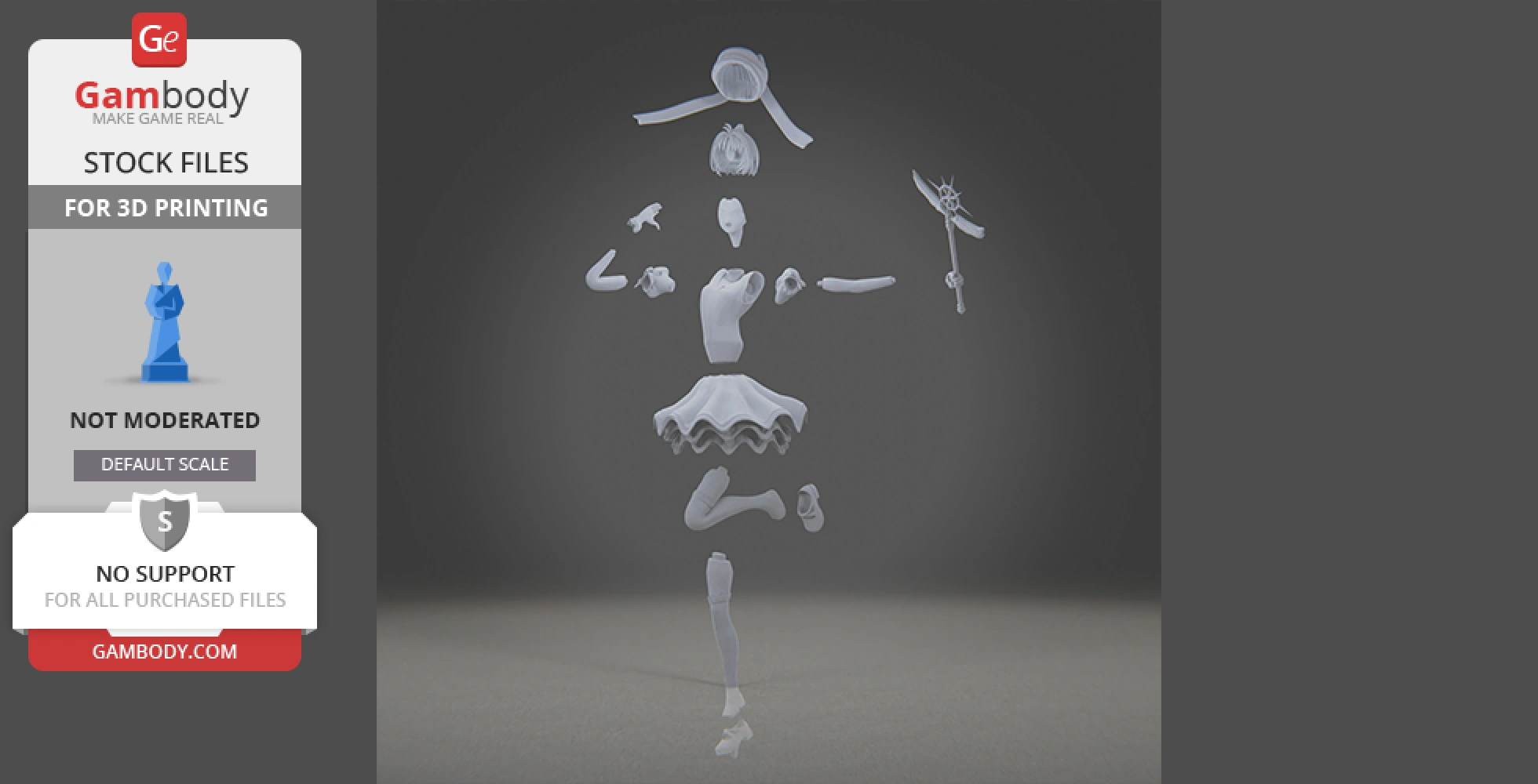 Disassembled 3D model of Cardcaptor Sakura, showing various parts for printing.