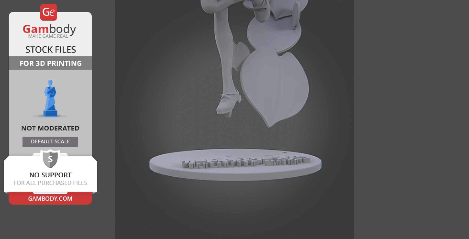 A grayscale 3D model design with a figure and base for printing, showing partially visible legs and petals.