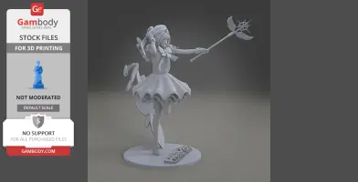 A detailed 3D model of a character in a dynamic pose holding a staff, designed for 3D printing.
