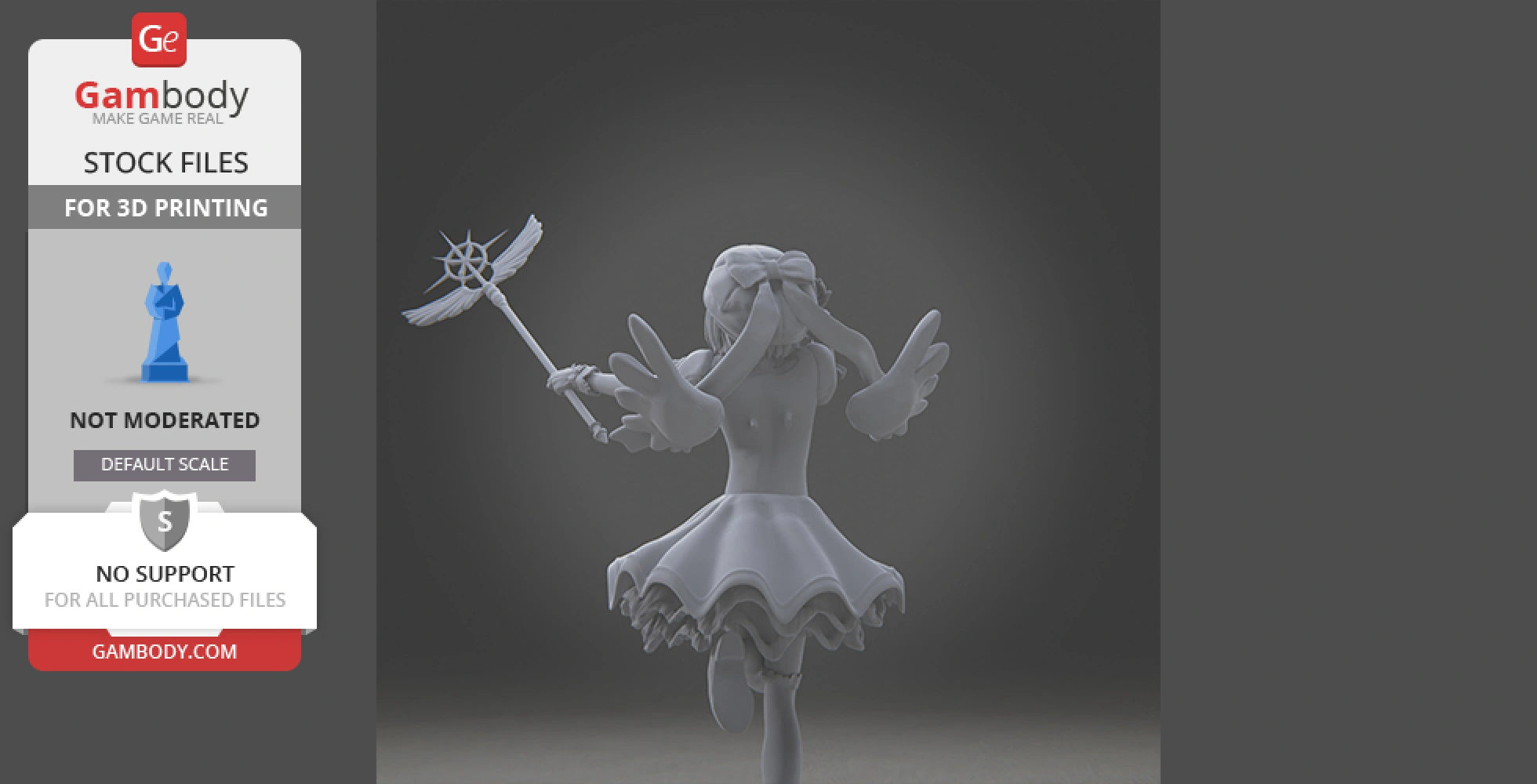 A 3D model of a character in a dynamic pose, holding a staff, with wings and a flowing dress.
