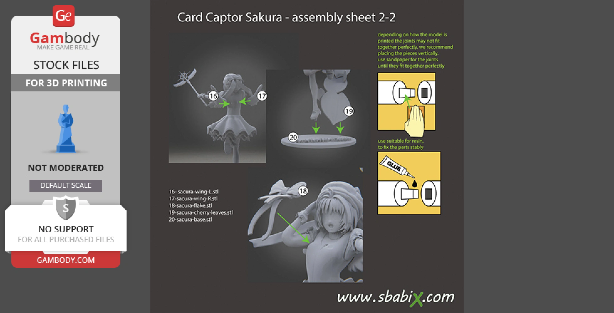 Assembly sheet for a 3D printed model of Cardcaptor Sakura, showing parts and fitting instructions.