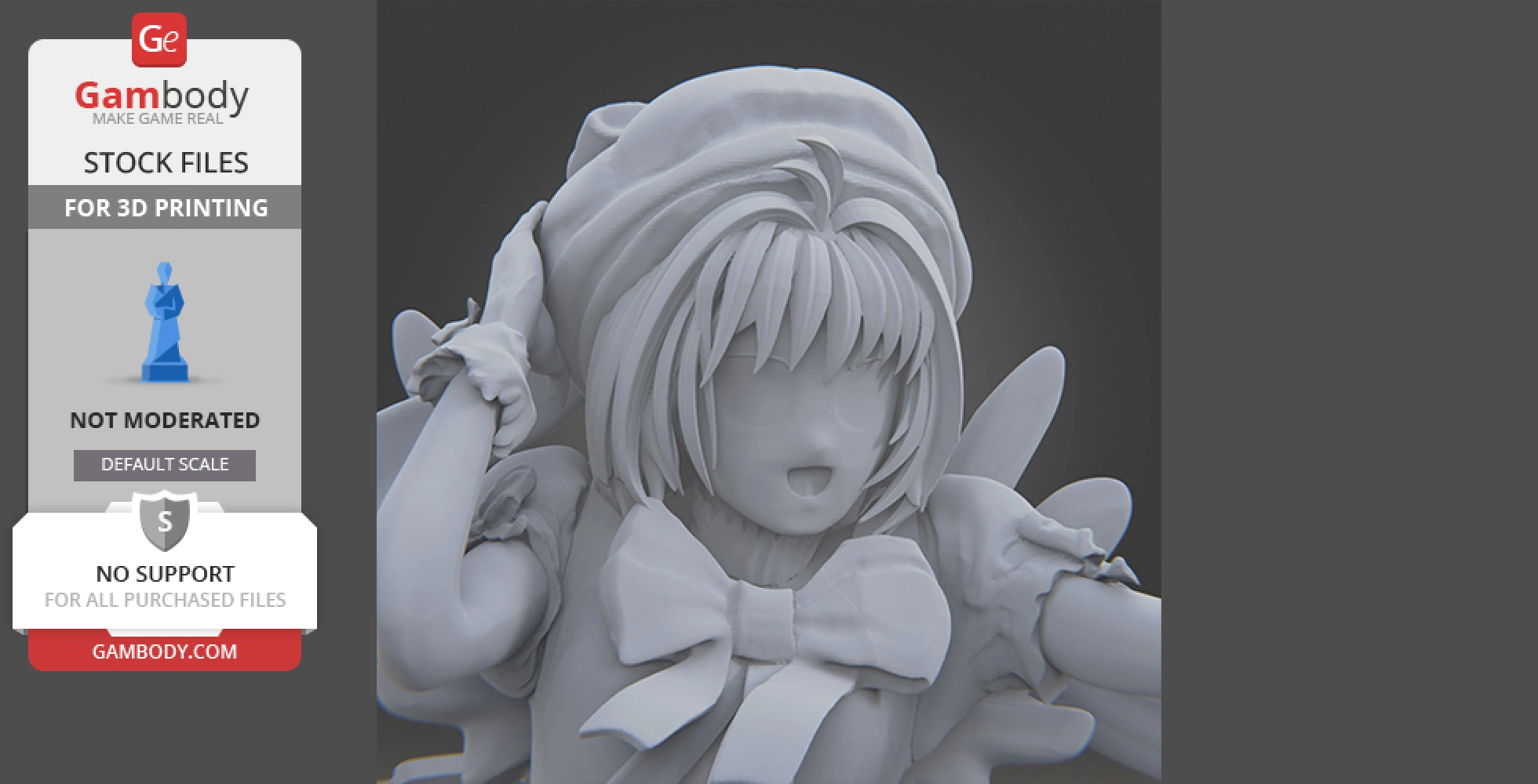 3D model of a whimsical anime character with a hat and bow, designed for 3D printing.