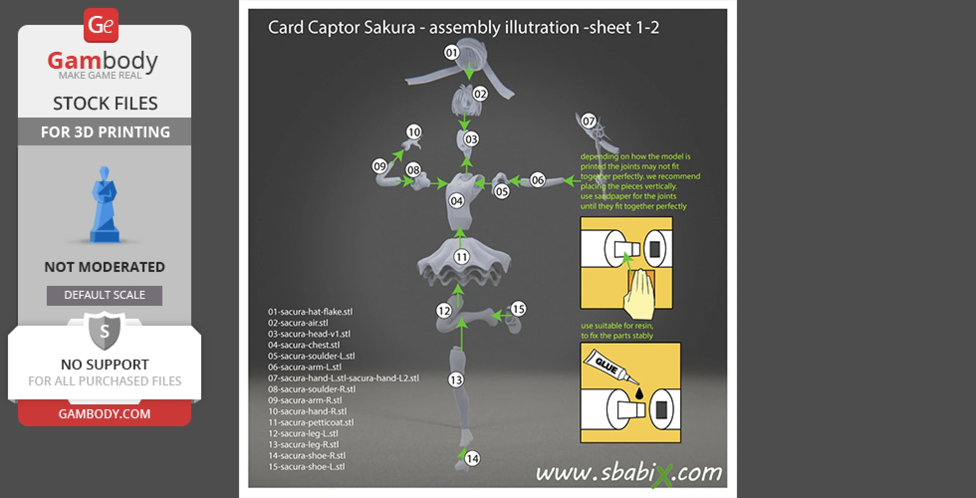 Assembly guide for 3D printing Cardcaptor Sakura figure, showing labeled parts and connection instructions.
