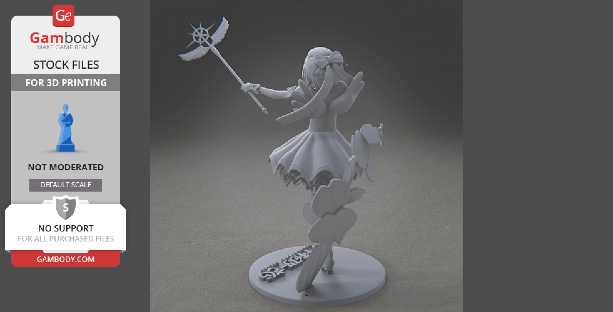 A detailed 3D model of a magical girl holding a staff, standing on a decorative base.