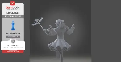 A 3D model of a character in a dynamic pose, holding a staff, with wings and a flowing dress.
