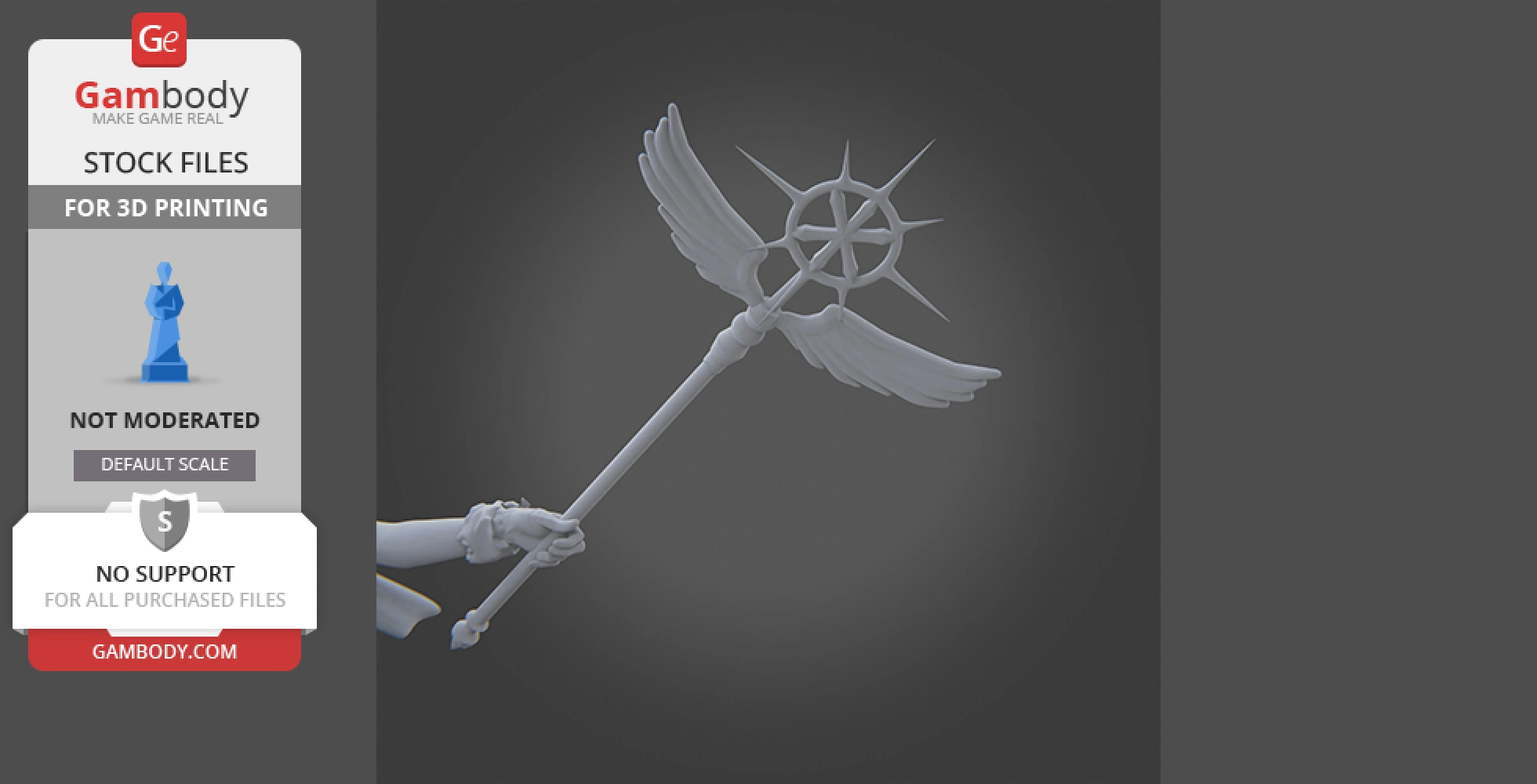 A 3D model of a staff with winged design and a spiked circular top, held by a hand.