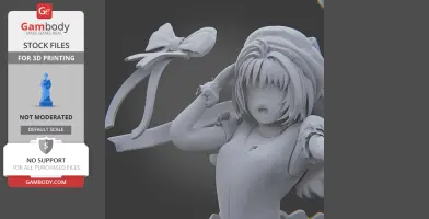 3D model of a character with a flowing ribbon and detailed outfit, designed for 3D printing.