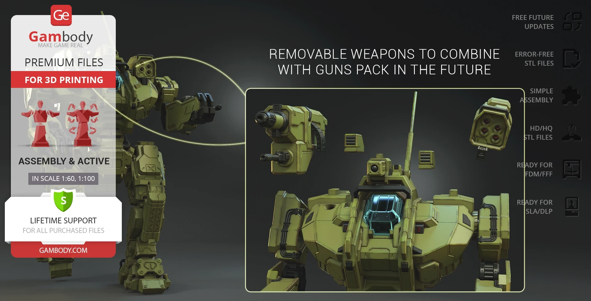 A detailed 3D model of the Roughneck mech with removable weapons, designed for 3D printing.