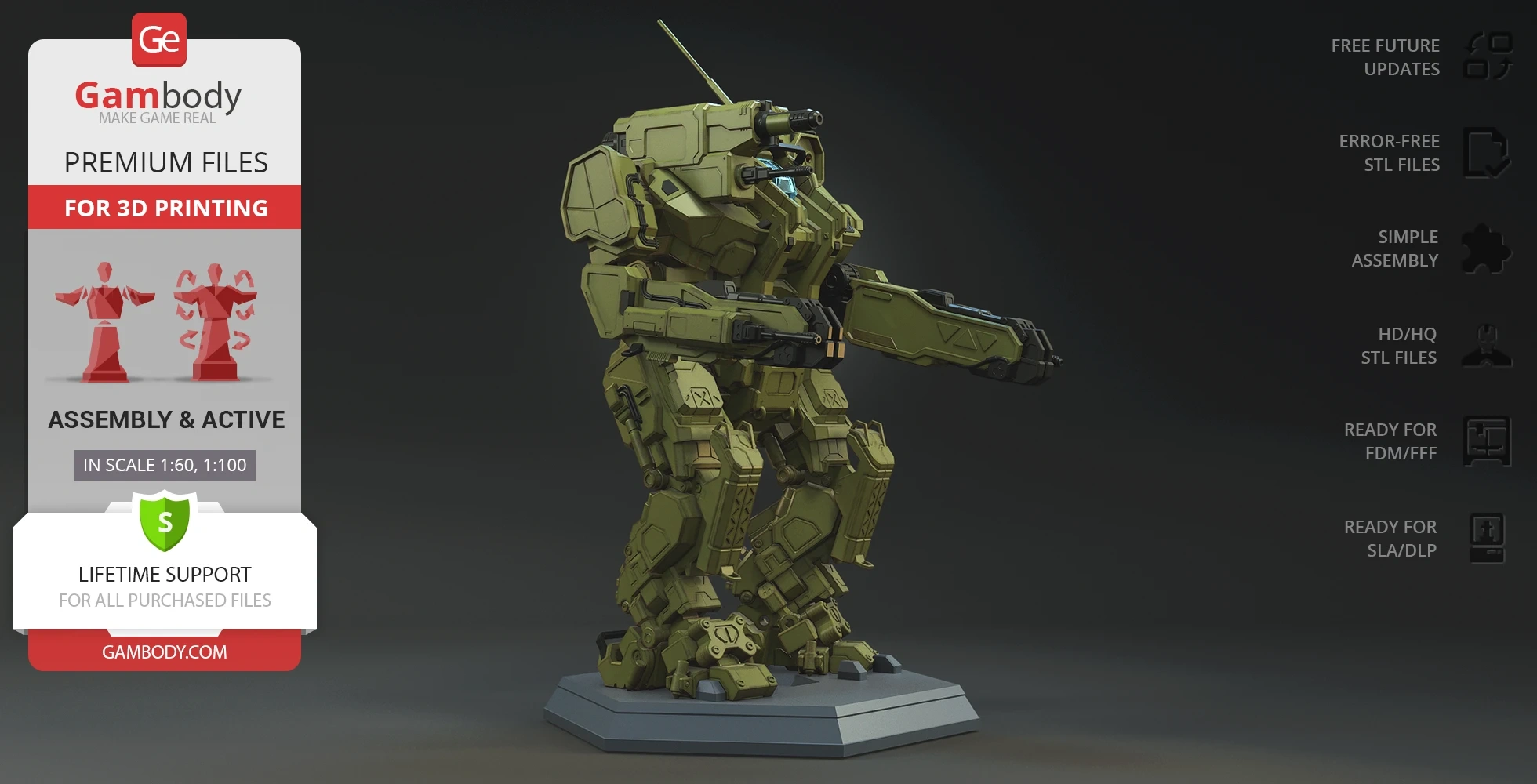 A detailed 3D model of a Roughneck mech in green, displayed on a stand for printing.