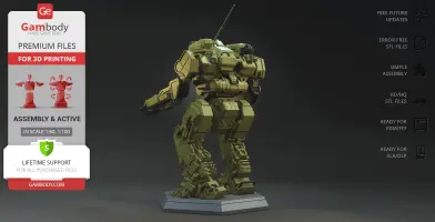 A detailed 3D model of a Roughneck mech from MWO on a display base, ready for 3D printing from Gambody.