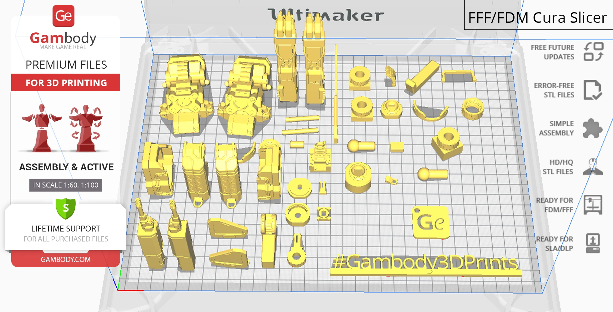 Various parts of the MWO Roughneck model arranged on a 3D printing bed for assembly.