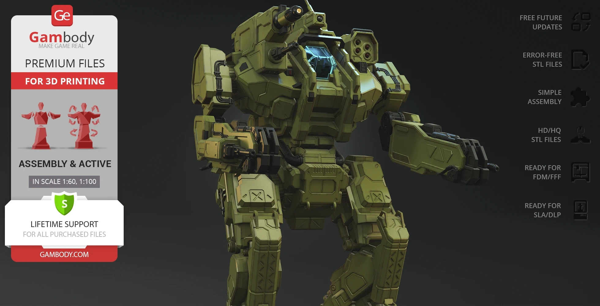 A detailed 3D model of a military mech robot for 3D printing, featuring a green color and heavy armor.