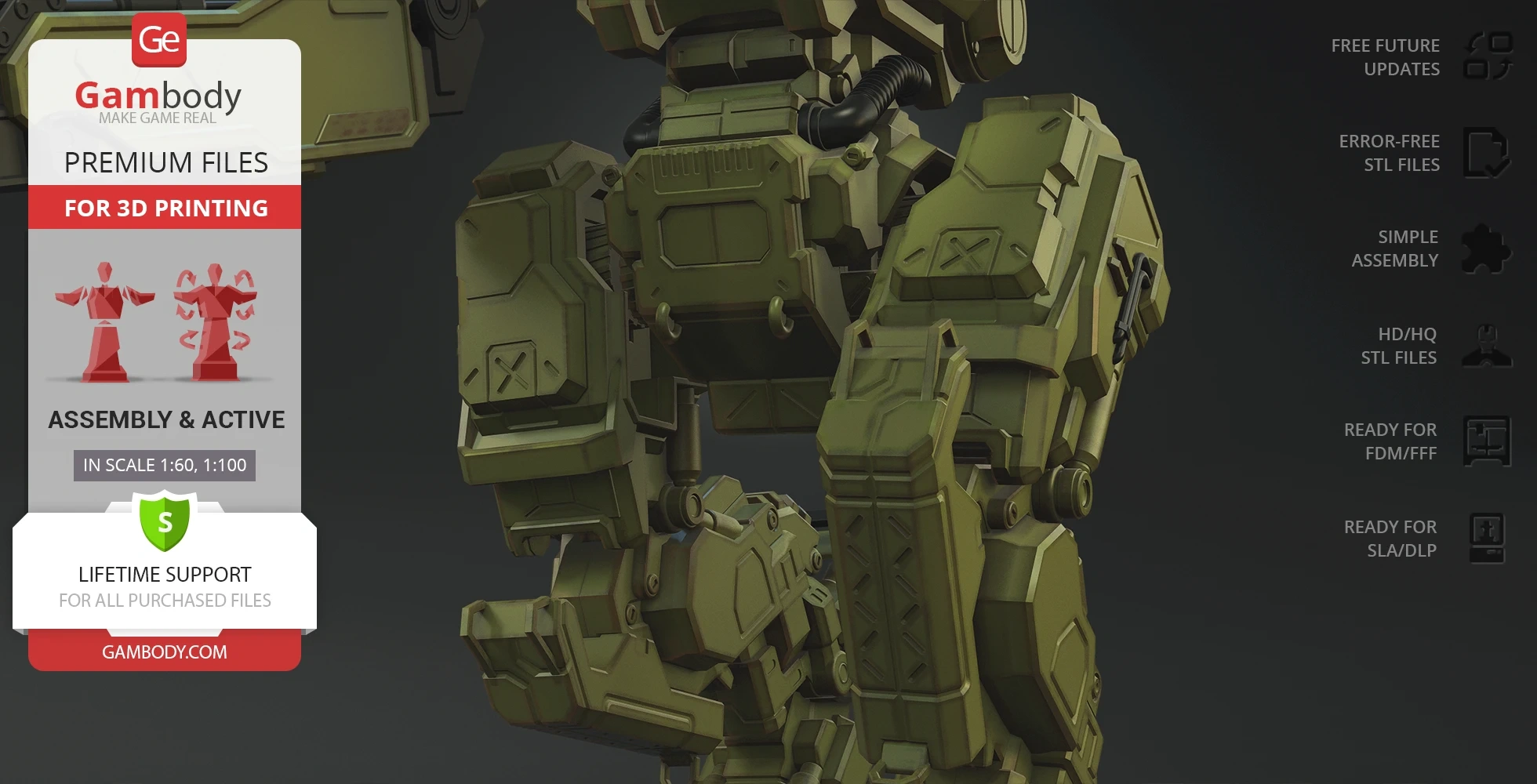 Detailed 3D model of a green mech with complex mechanical parts for 3D printing.
