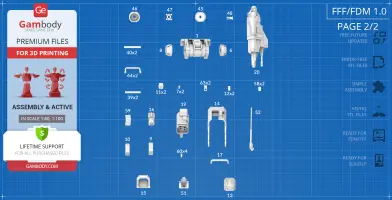 3D printing blueprint of MWO Roughneck parts on a grid layout with assembly instructions.