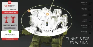 3D model of a Roughneck mech with internal LED wiring tunnels, shown on a Gambody promotional image.