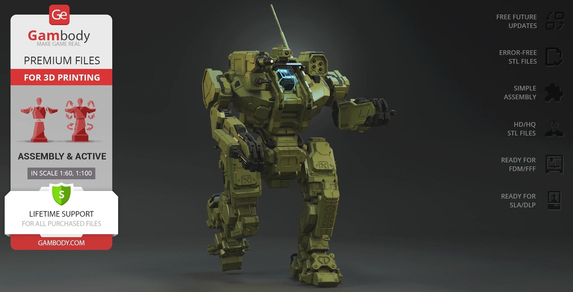 A detailed 3D model of a military-style mech robot, designed for 3D printing.