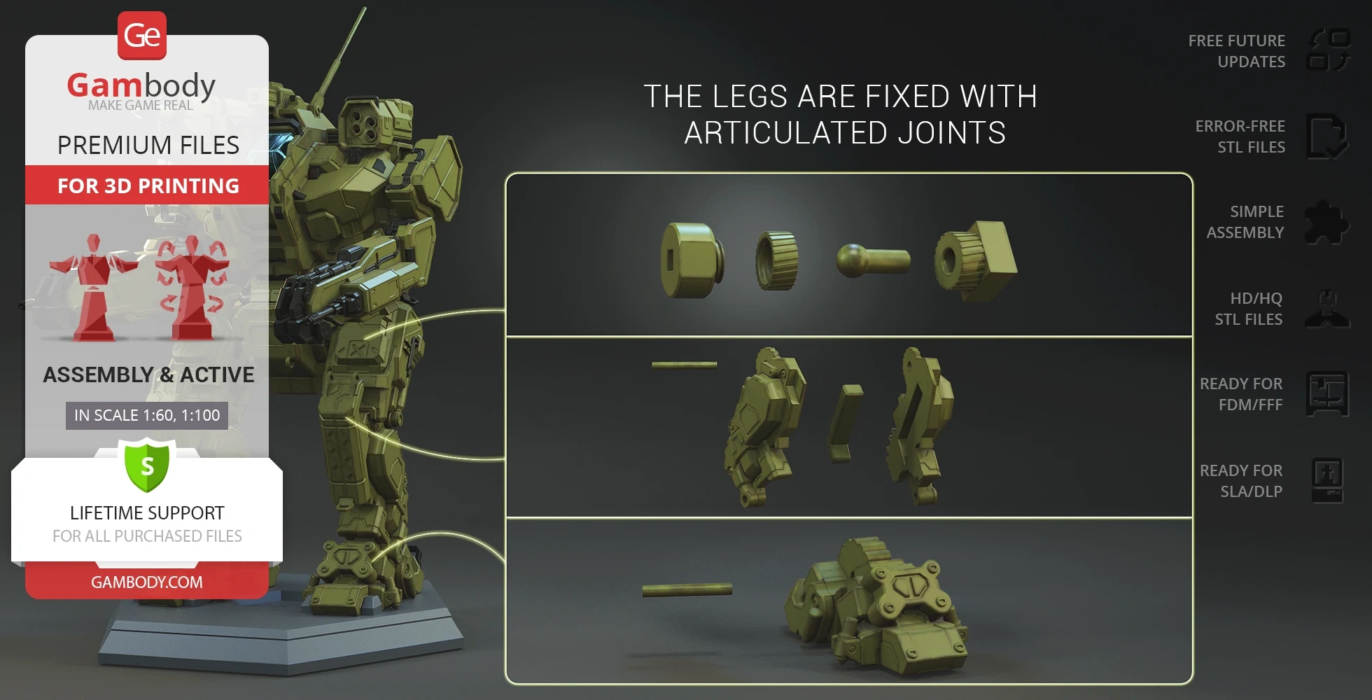3D model of a robotic mech with parts breakdown and articulation details for 3D printing, by Gambody.