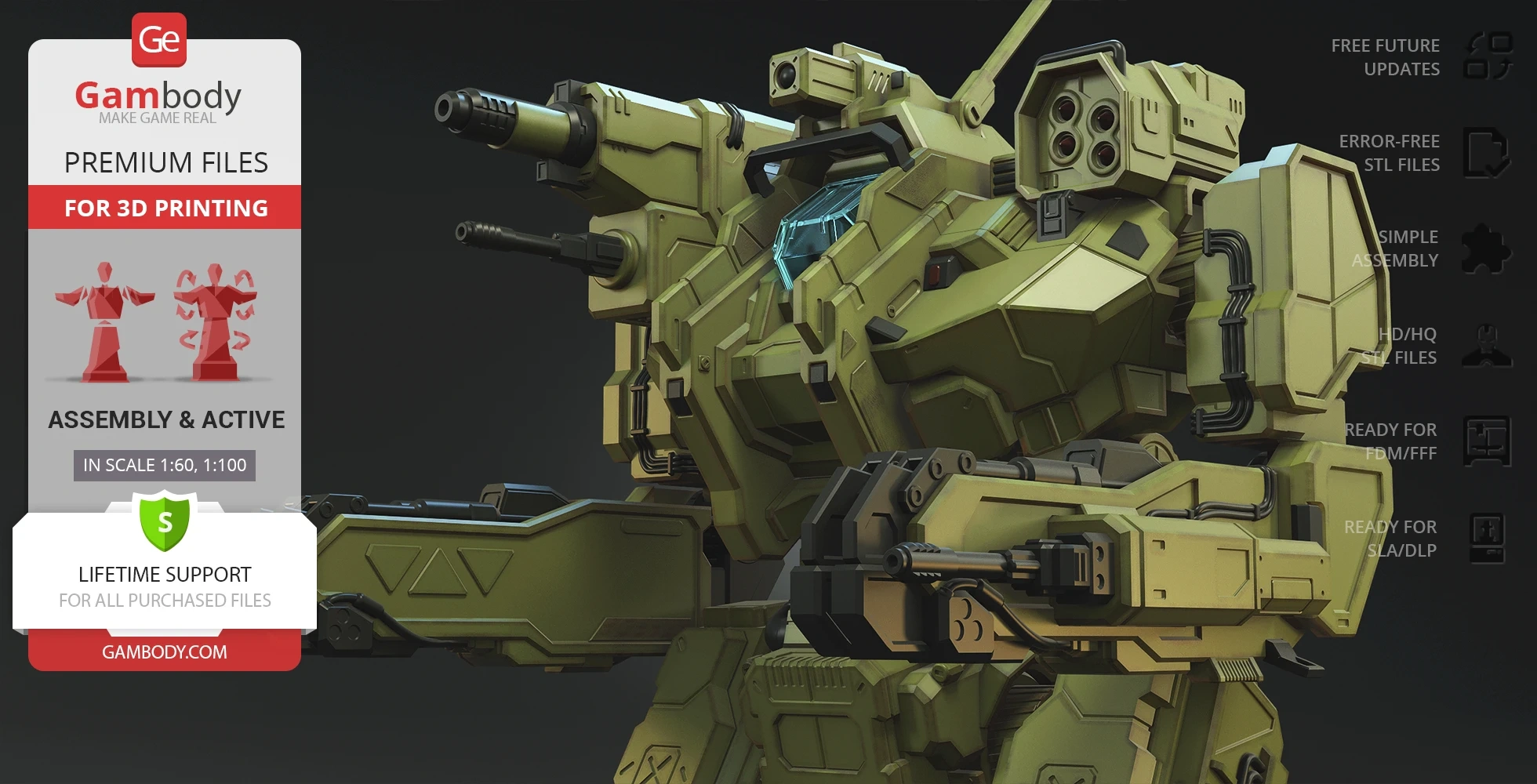 A detailed 3D model of a heavy armored mech with weaponry, designed for 3D printing from Gambody.