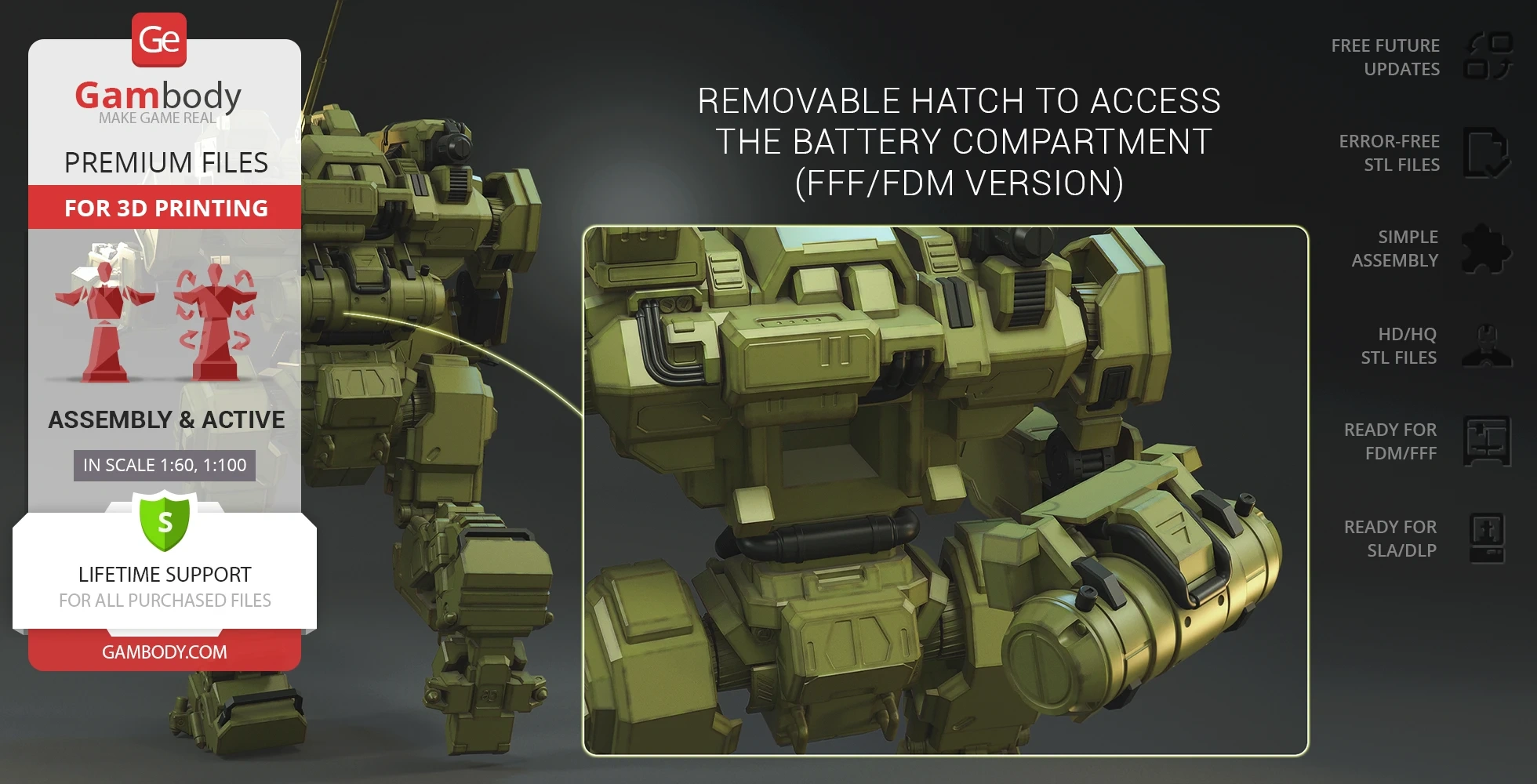 A detailed 3D model of a Roughneck Mech with removable hatch for battery access, ready for printing.