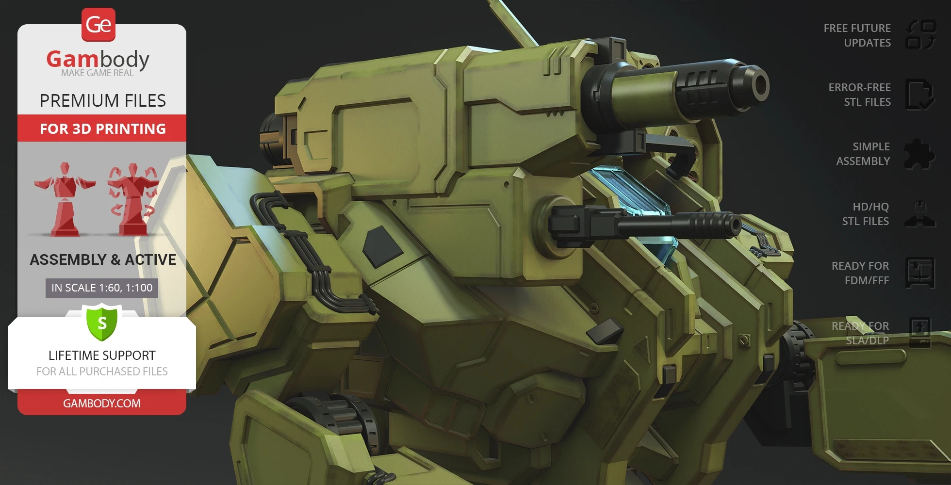 A detailed 3D model of a mechanical robot with cannons, designed for 3D printing, shown on Gambody.