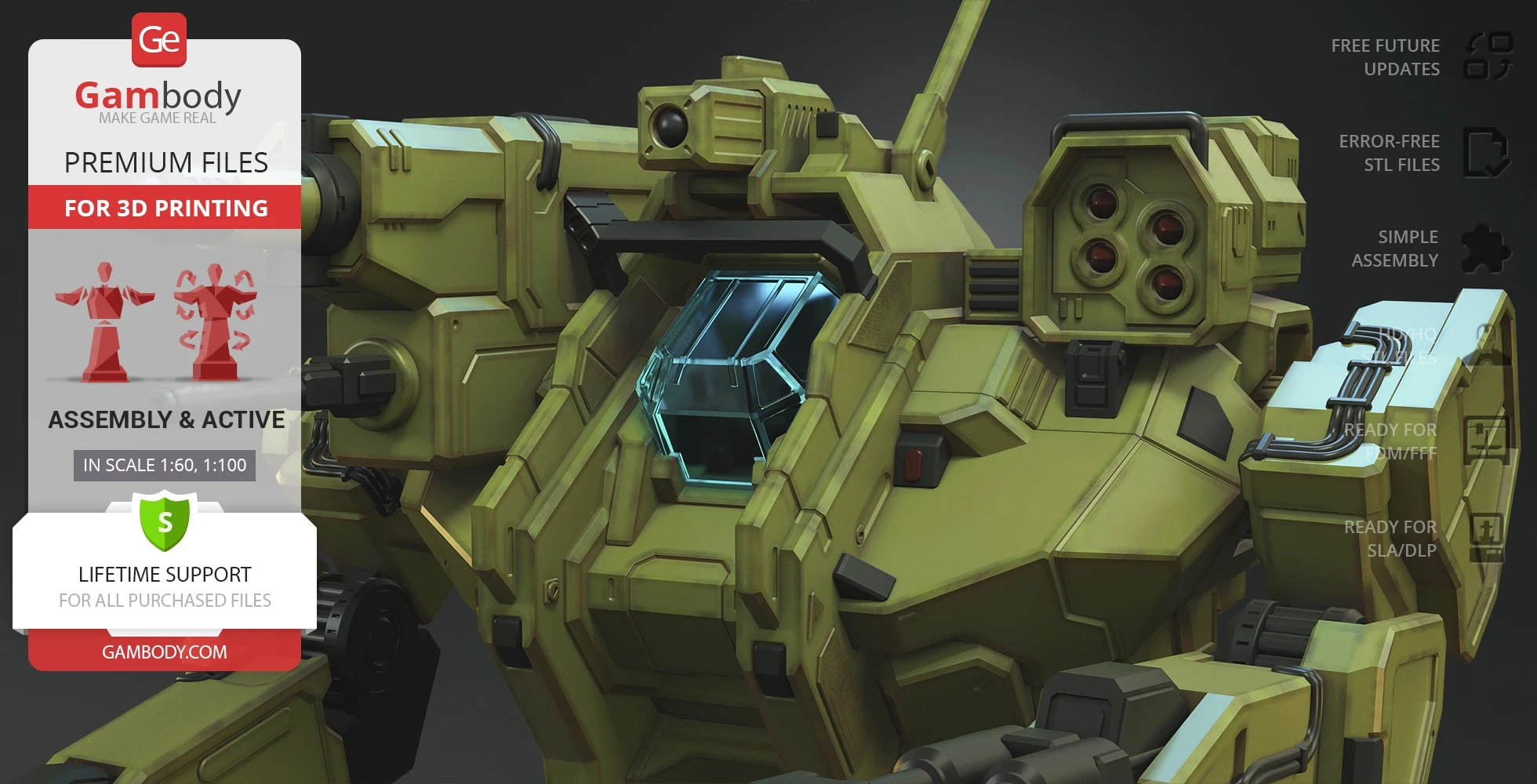 A detailed 3D model of a Roughneck mech with green armor and multi-barreled weapon, ready for 3D printing.