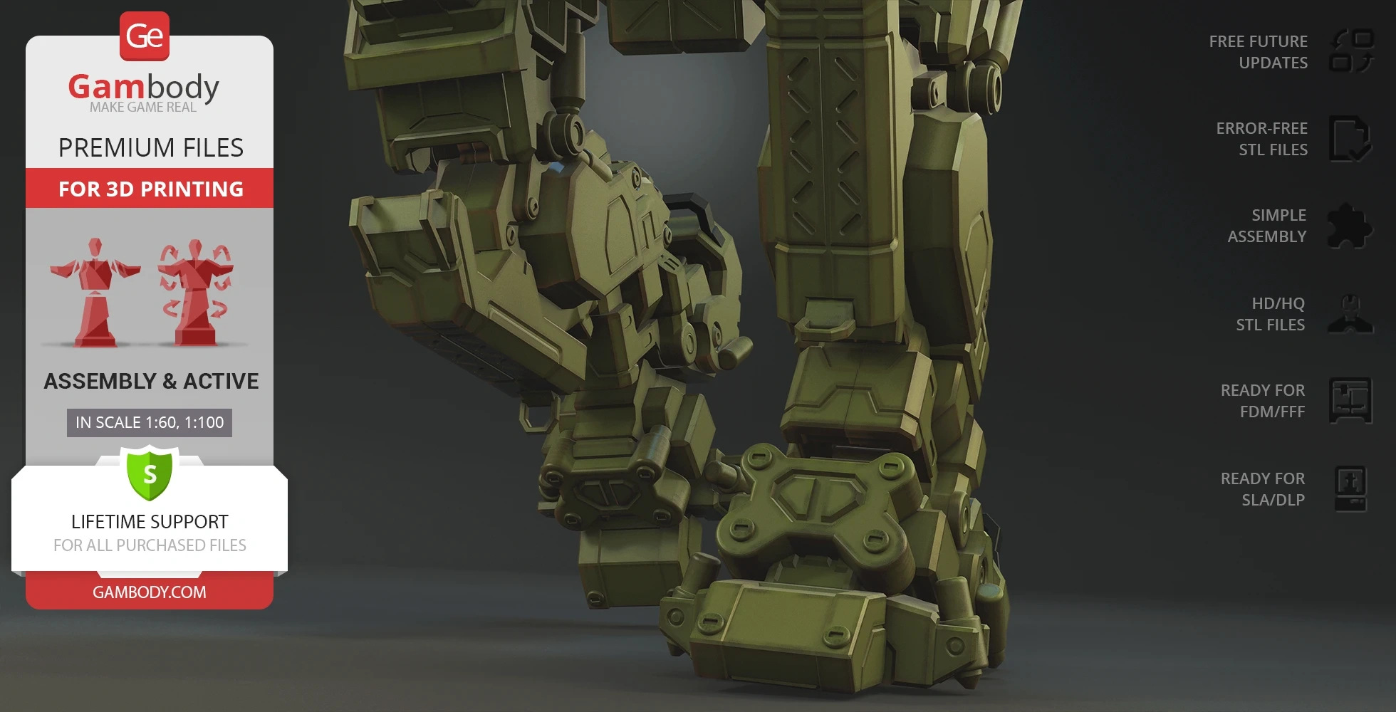 Detailed 3D model of a mech's legs with intricate machinery, ready for 3D printing via Gambody.