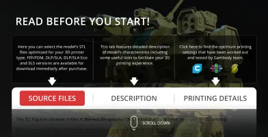 3D printing interface with options for STL files, model descriptions, and printing details.