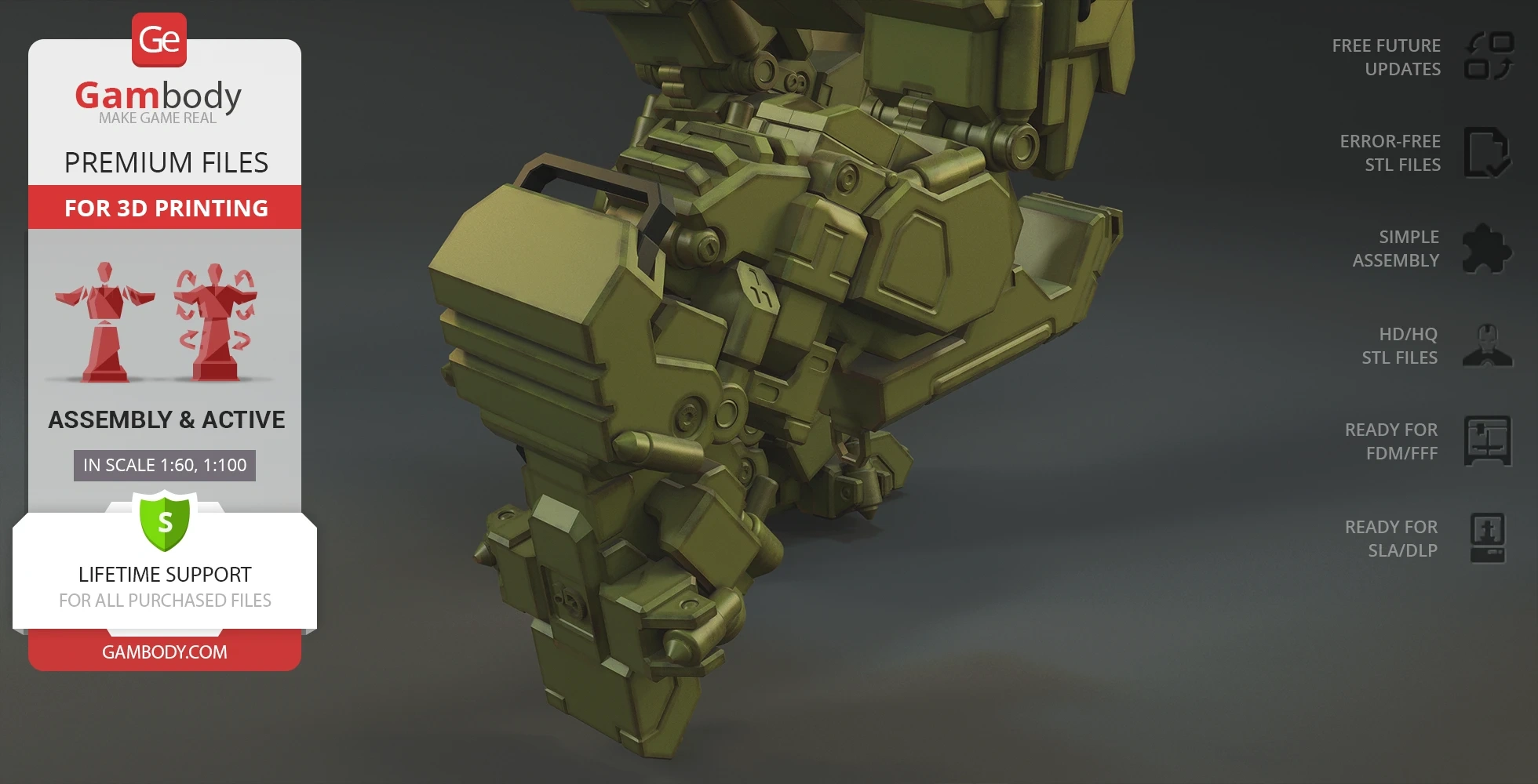 Olive green mechanical part from a 3D model, showcasing detailed gears and panels.