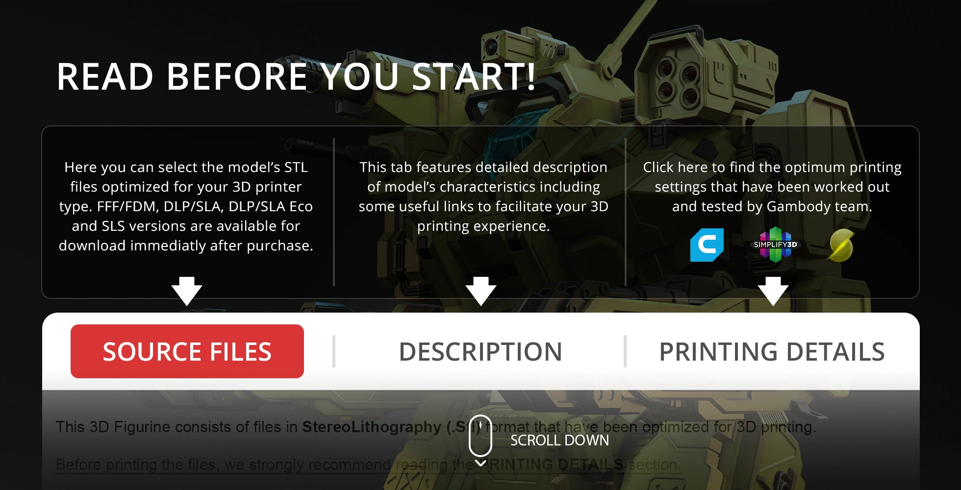 3D printing interface with options for STL files, model descriptions, and printing details.