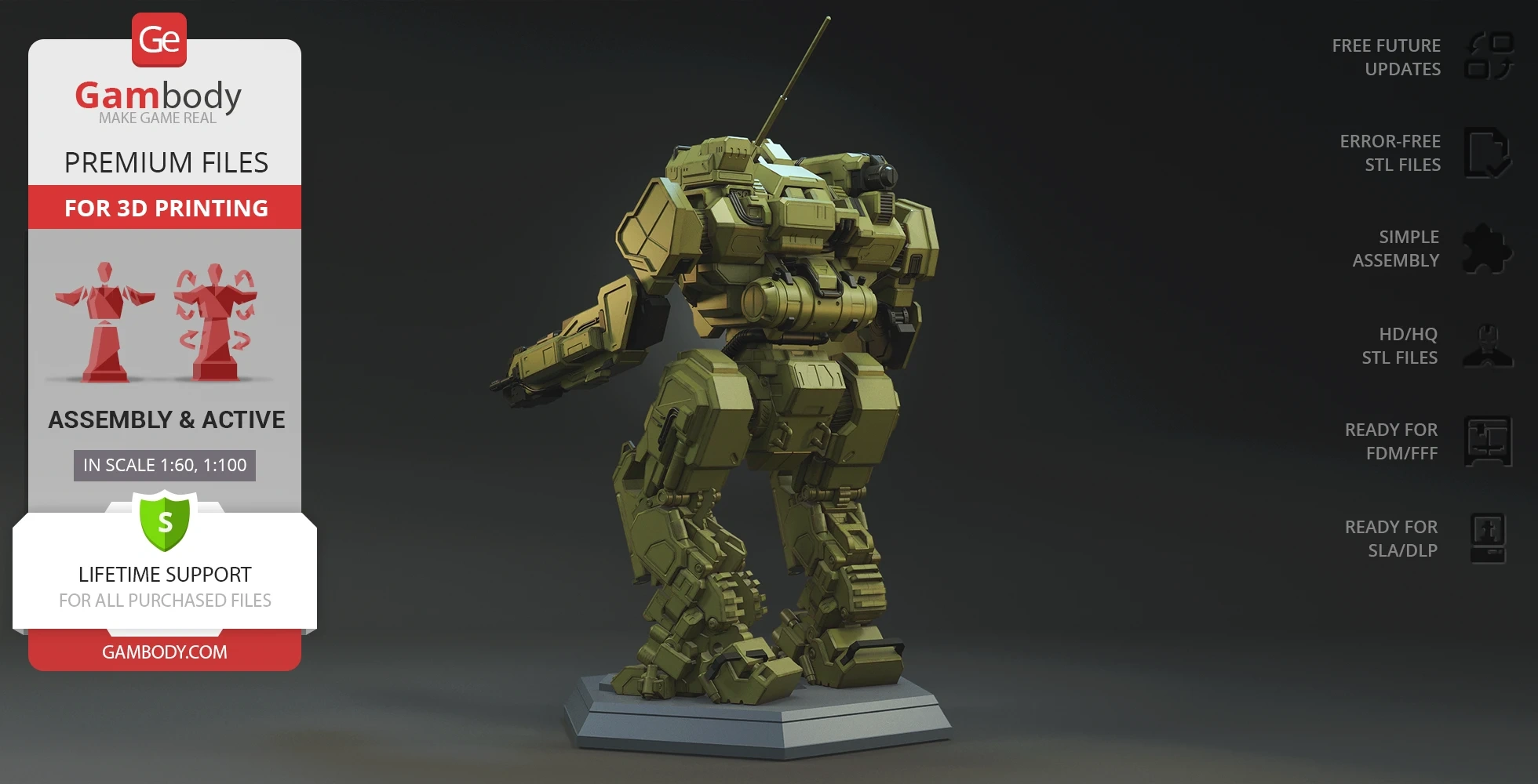 A detailed 3D model of a Roughneck mech from MWO on a display base, ready for 3D printing from Gambody.