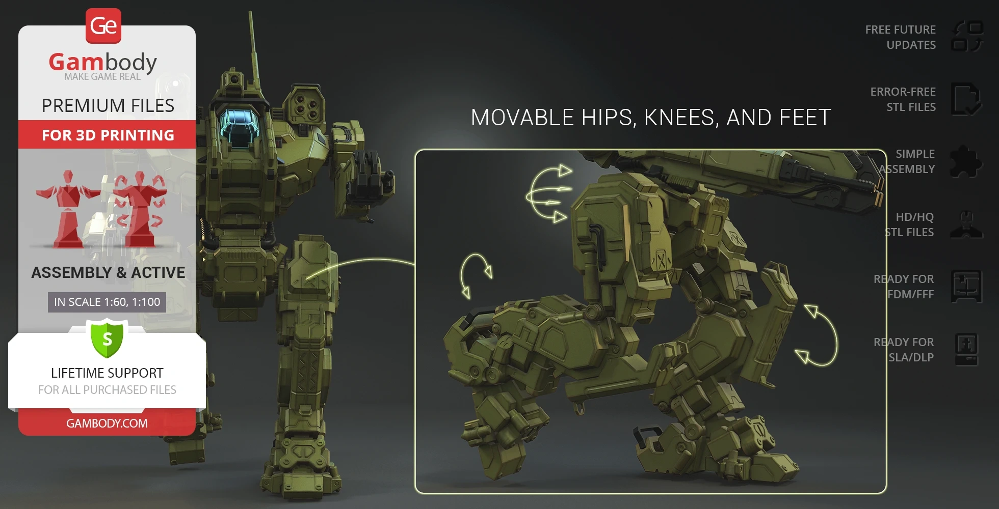 3D model of a mech with movable hips, knees, and feet, designed for 3D printing.