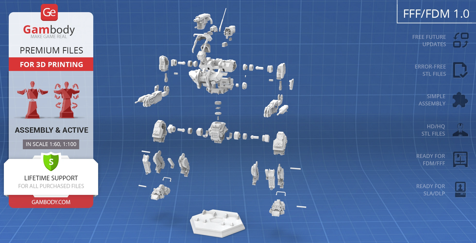 3D model parts for the MWO Roughneck robot, displayed for assembly, on a blue grid background.