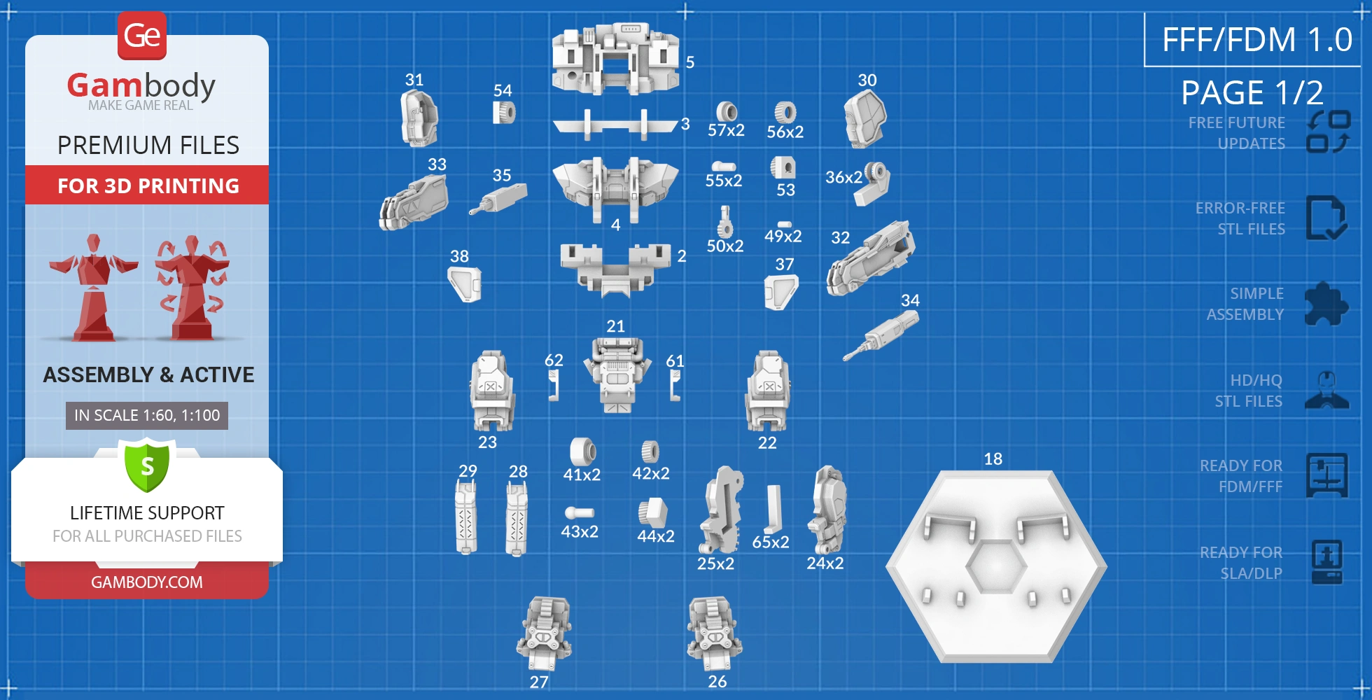 Blueprint with labeled 3D model parts for assembly, featuring various mechanical components.