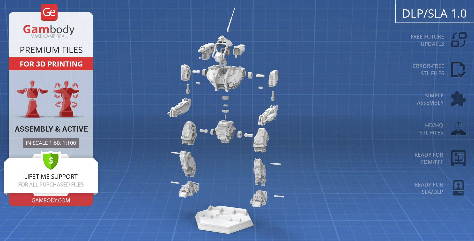 3D model parts of a Mech robot, 'Roughneck,' arranged for assembly on a blueprint background.