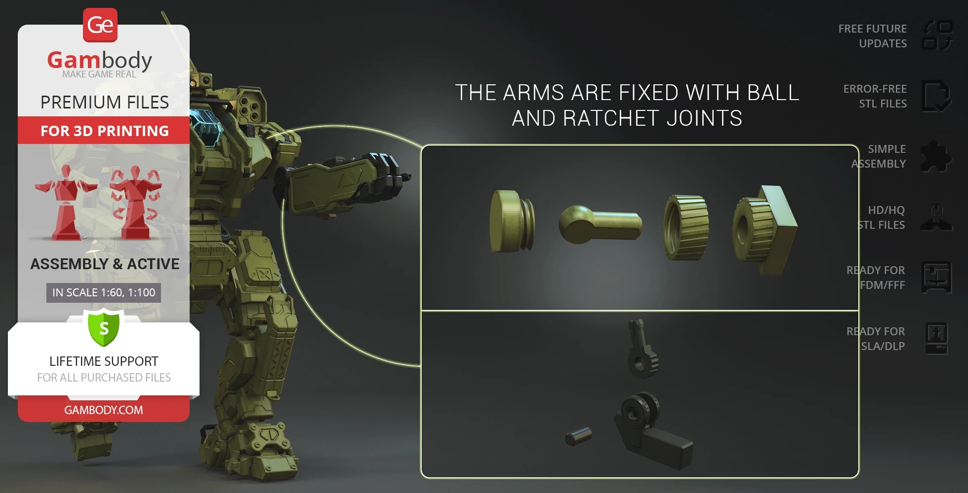 3D model of a mech with detailed joints, labeled for 3D printing with assembly instructions.