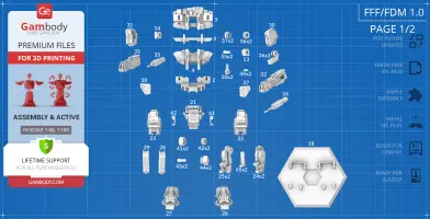 Blueprint with labeled 3D model parts for assembly, featuring various mechanical components.