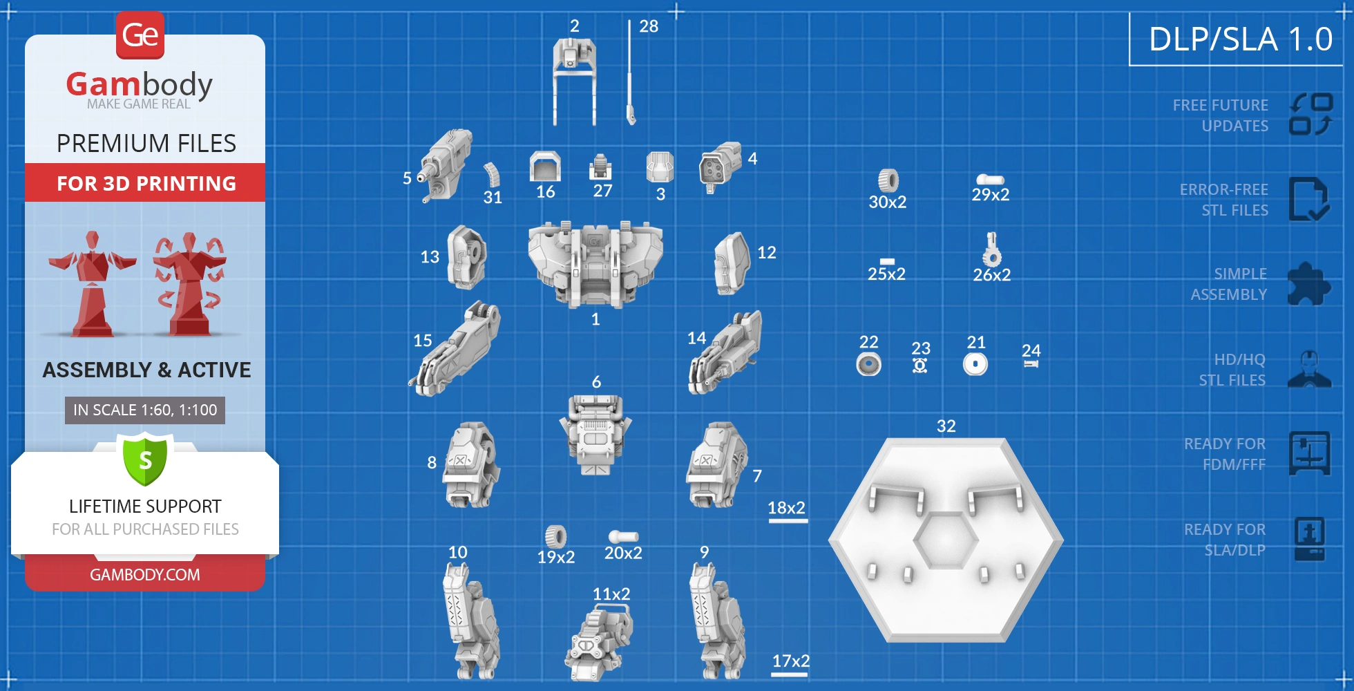 Blueprint of 3D printable MWO Roughneck model parts, labeled for assembly.