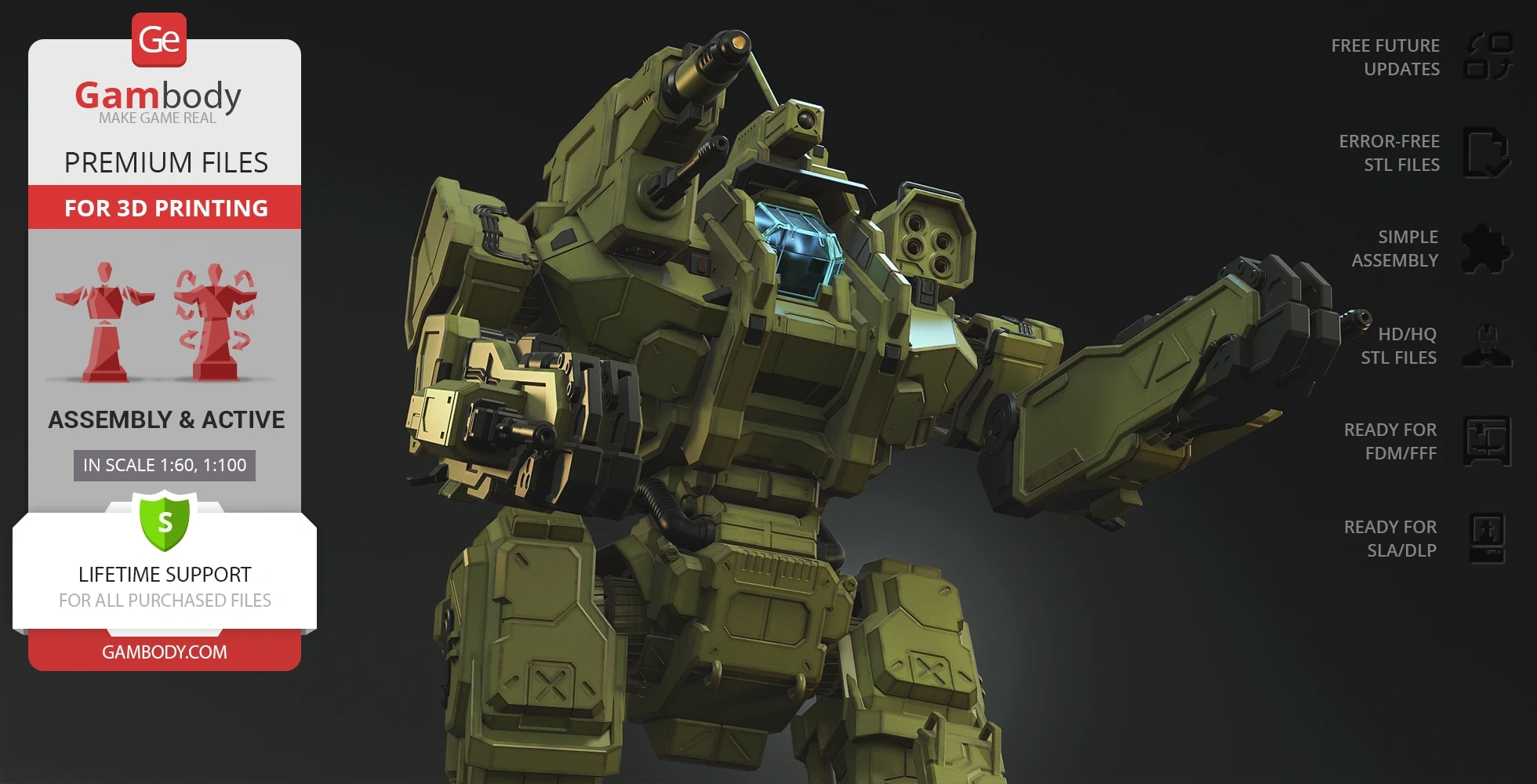 A detailed 3D model of a mecha robot with weapons, designed for 3D printing, shown on a promotional banner.